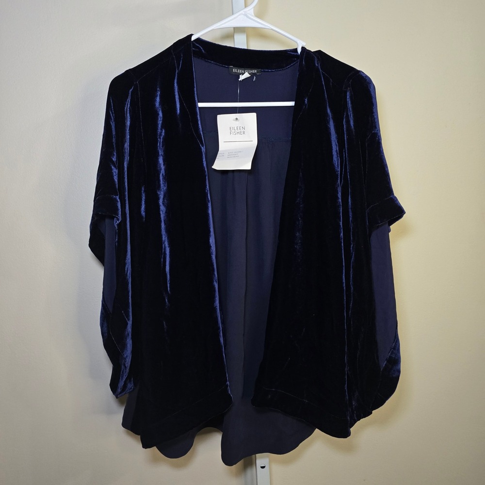 Eileen Fisher Midnight Blue Velvet Kimono Cardigan Wrap Navy R3VL-J3050M-1